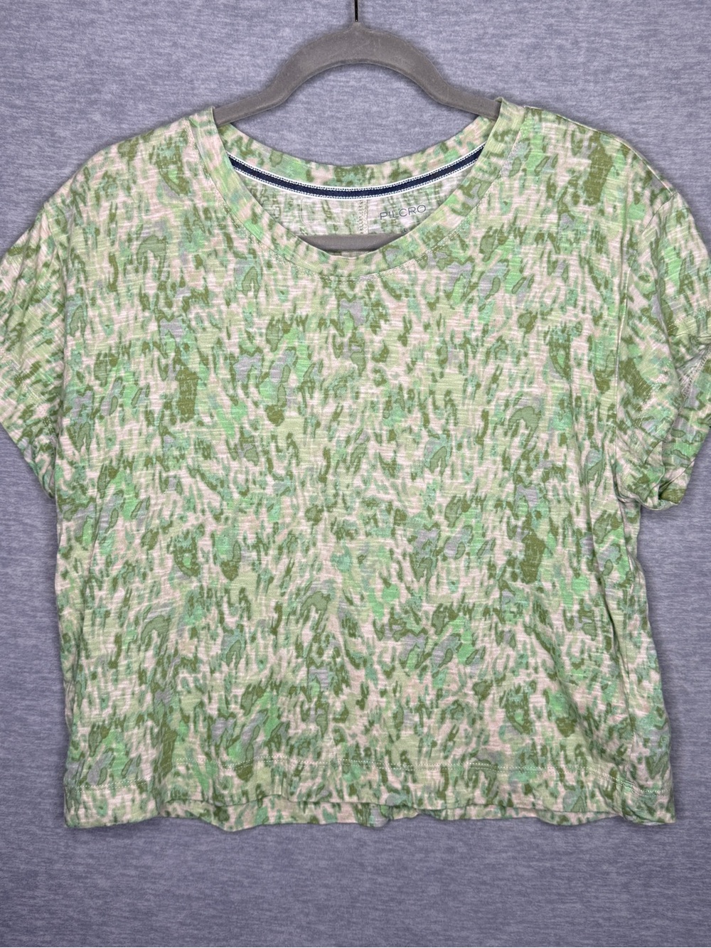 PILCRO Anthropologie Womens Large Green Abstract Print Cotton Cropped T Shirt